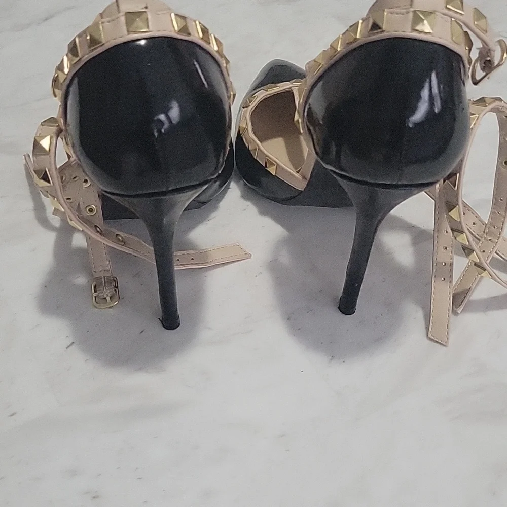 Wild Diva Black and Blush Studded Pointed Toe Heels